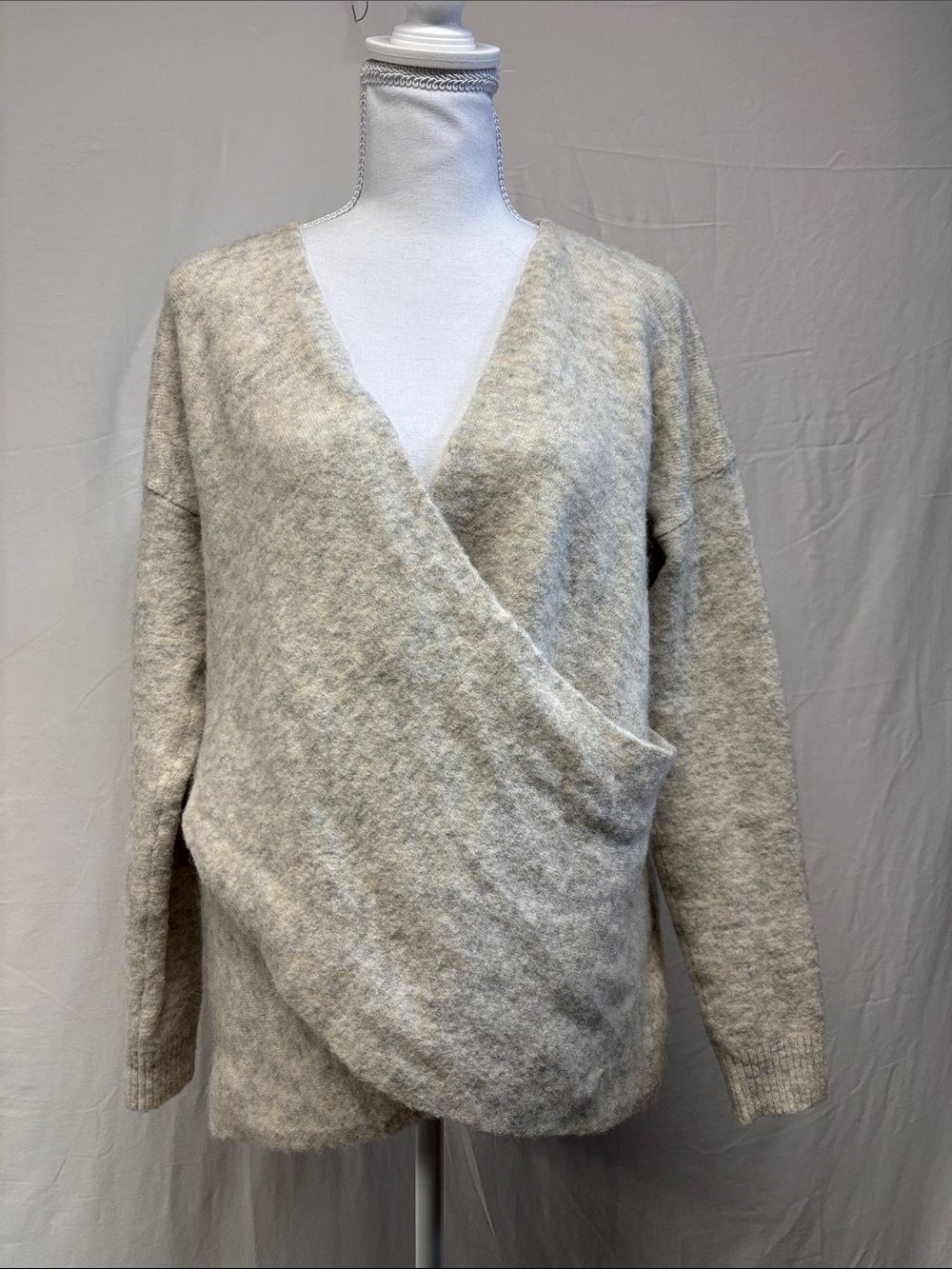 Gorgeous Cozy Wrap-Front Women's Sweater in Cream/Grey